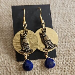 Gold Owl Drop Earrings with Blue Stone Dangles - Women Jewelry